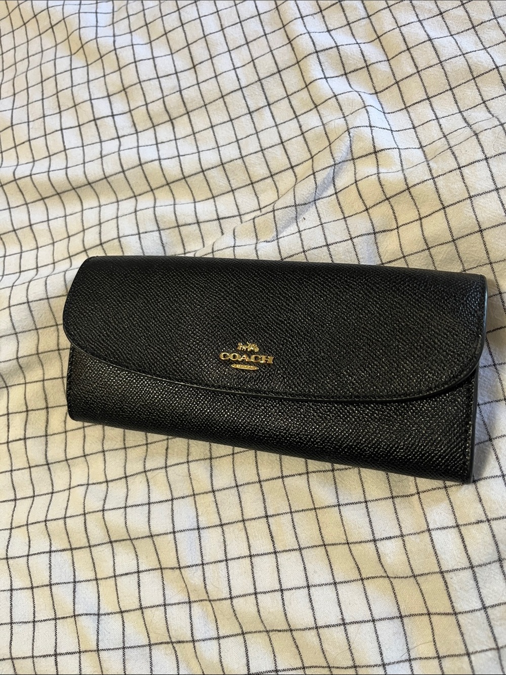 Coach Black Saffiano Leather Continental Wallet with Gold Logo